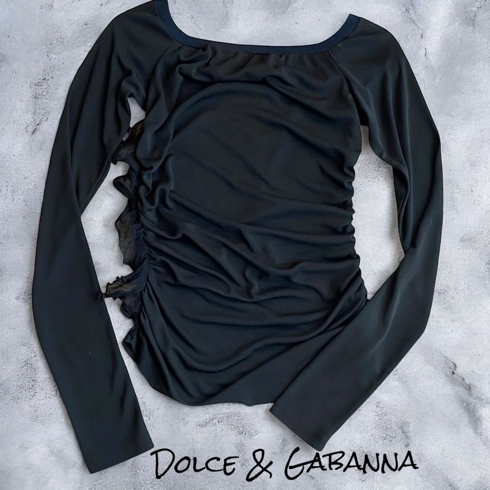 Y2K Dolce & Gabbana Long Sleeve Ruffle Side Top Black Semi Sheer Going Out Shirt